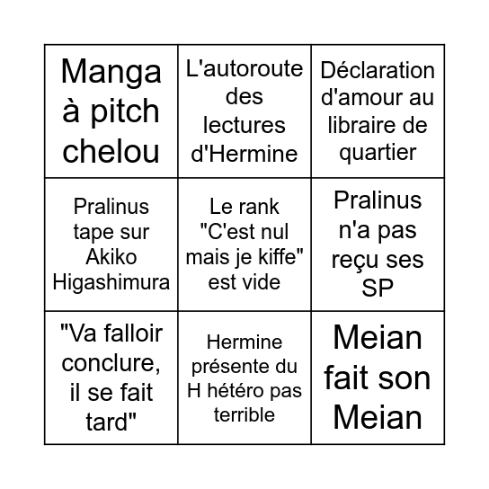 Bingo du Live mangasse du mois Bingo Card