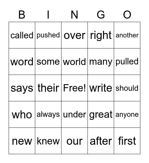 High Frequency Words Bingo Card