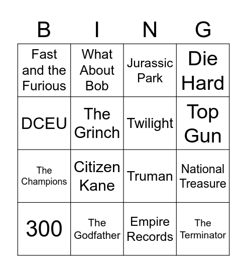 Classic and Action Movies Bingo Card