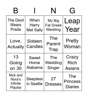 Comedy Movies, Romantic and Otherwise Bingo Card