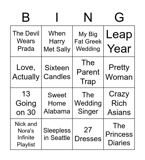 Comedy Movies, Romantic and Otherwise Bingo Card