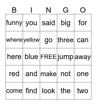 Sight Word Bingo Card
