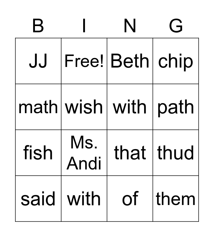 2nd Grade Bingo Card