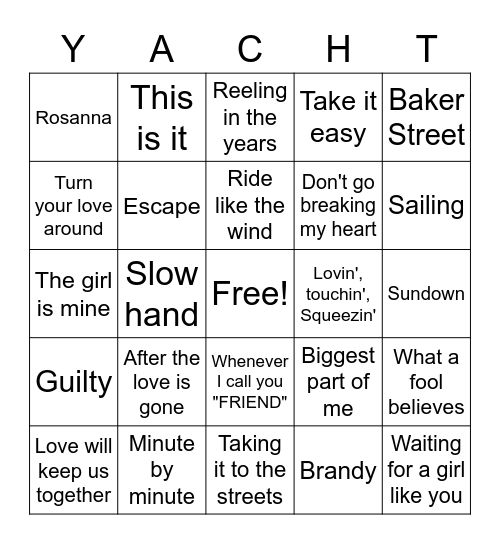 Yacht Rock Bingo Card