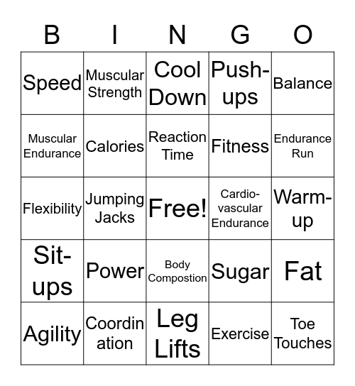 Skill Related Fitness Vocabulary Bingo Card