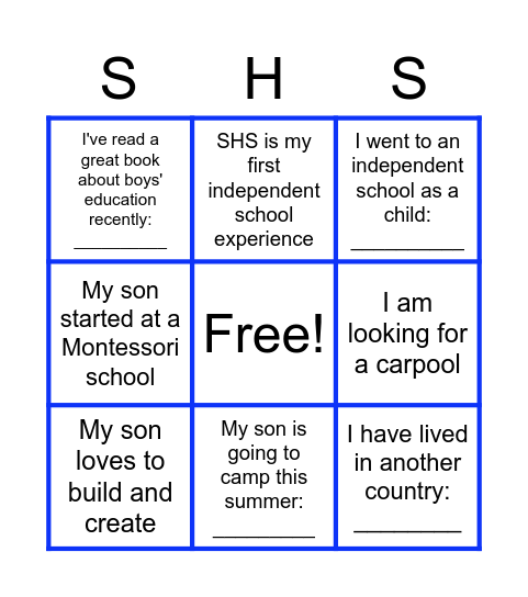 SHS New Parents Bingo Card