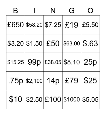 $ Money £ Bingo Card