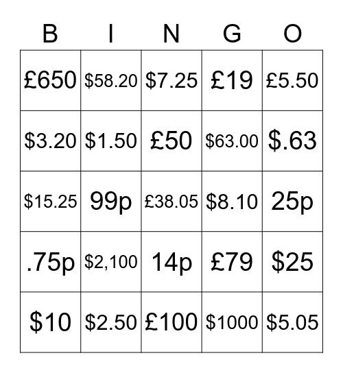 $ Money £ Bingo Card