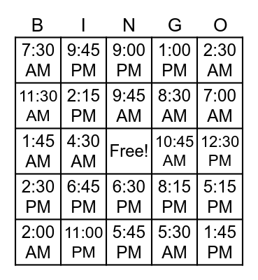TIME (AM/PM) Bingo Card