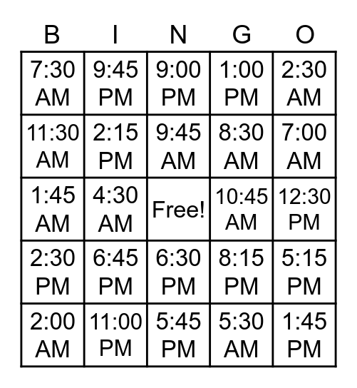 TIME (AM/PM) Bingo Card