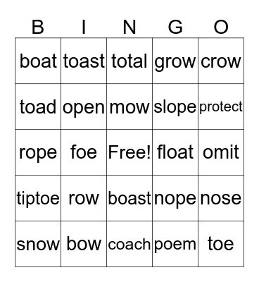 Long O vowel pairs Bingo Card