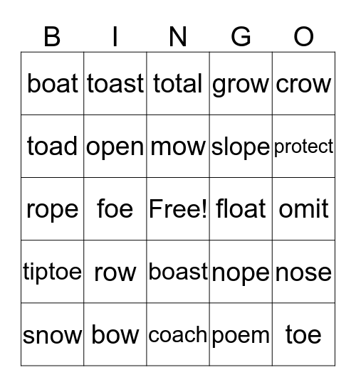 Long O vowel pairs Bingo Card