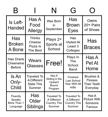 Upward Bound Icebreaker Bingo Card