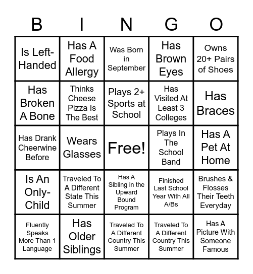 Upward Bound Icebreaker Bingo Card