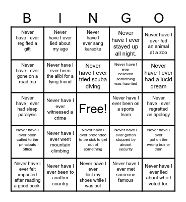Life Experiences Bingo Card