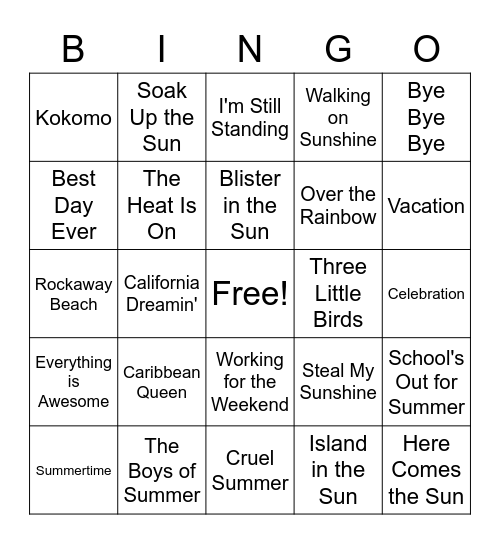 Summer Songs BINGO Version 2 Bingo Card