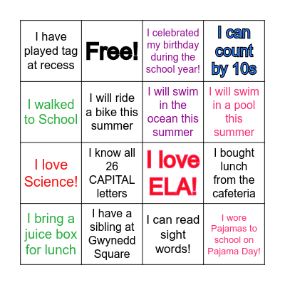 Kindergarten End of Year Bingo Card