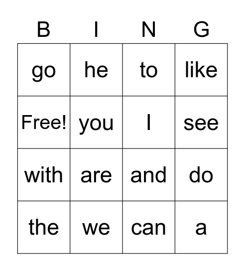 Kindergarten Bingo Card