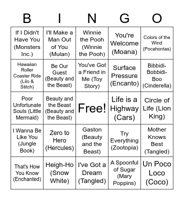 Disney Music Bingo Card