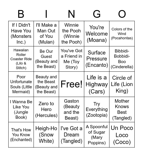 Disney Music Bingo Card