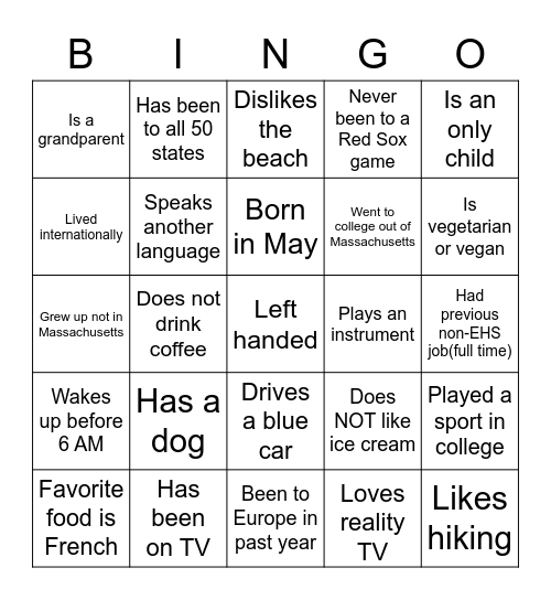 S & E Bingo Card