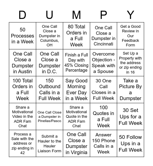 Affordable Dumpster Rental Bingo Card