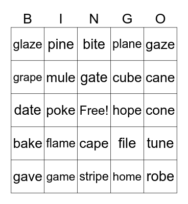 Magic E Bingo Card