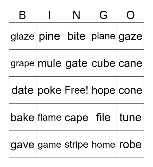 Magic E Bingo Card