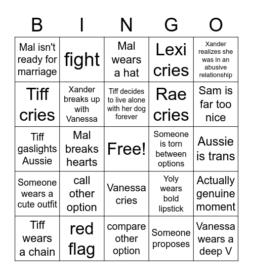 Ultimatum Queer Love Bingo Card