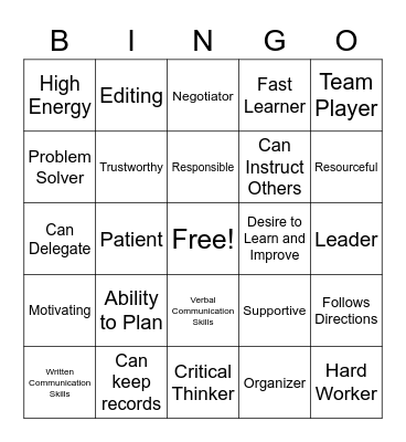 Job Skills Bingo Card