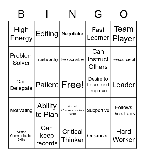 Job Skills Bingo Card