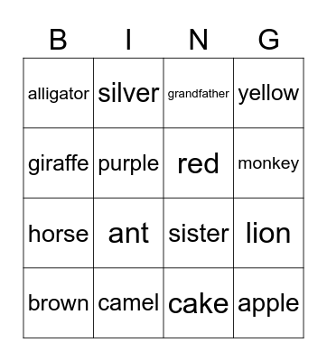 English Bingo Card
