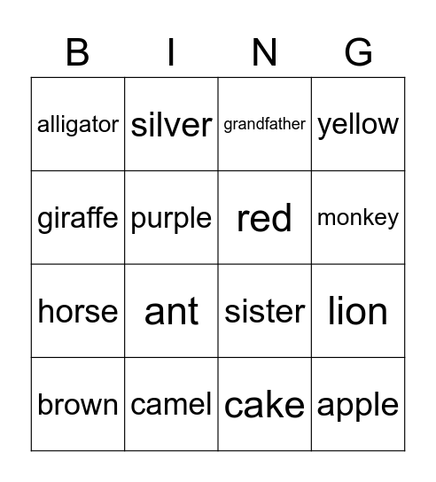 English Bingo Card