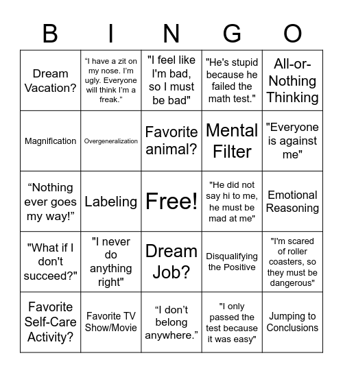 Cognitive Distortions Bingo Card