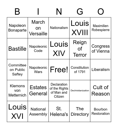 French Revolution Bingo Card