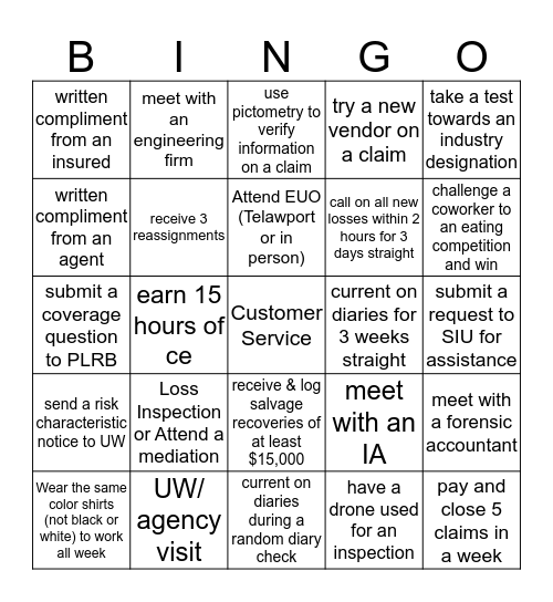 Claims Bingo Card