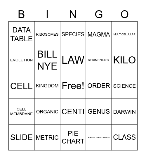 SCIENCE Bingo Card