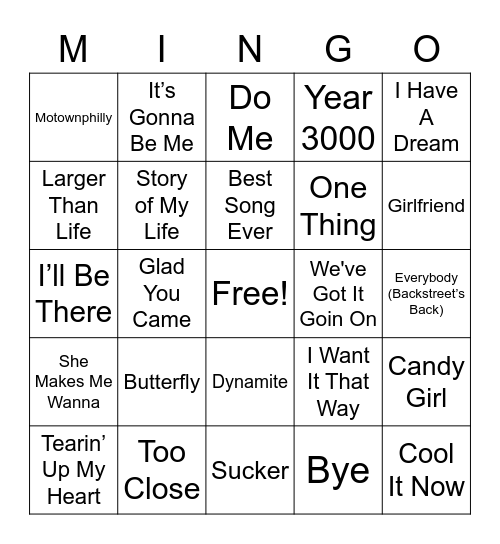 Boy Band Titles Bingo Card