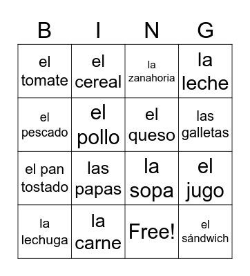 La Comida Bingo Card
