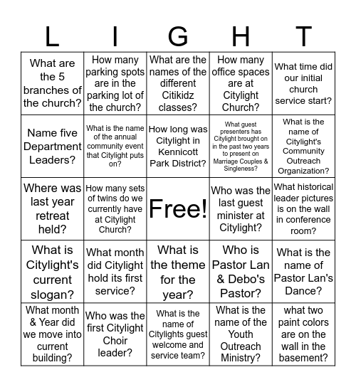 Citylight Church Bingo Card