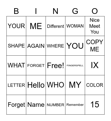 ASL UNIT 1 VOCAB Bingo Card