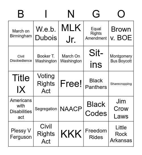 Civil Rights Review SS8 Bingo Card