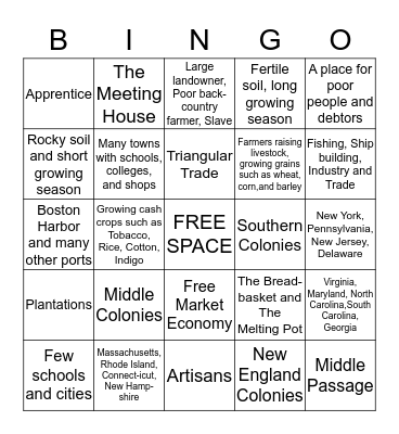 Colonial America Bingo Card