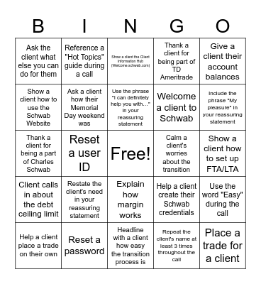Transition Week Bingo Card