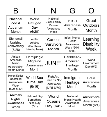 June 2023 Awareness Month Bingo Card