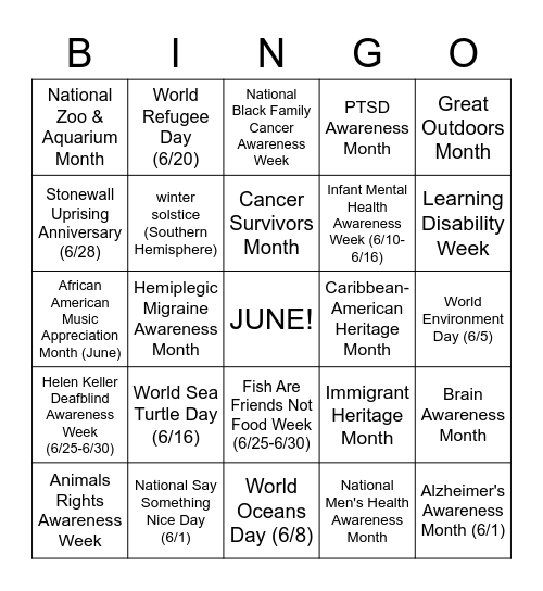 June 2023 Awareness Month Bingo Card