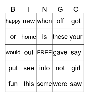 Sight Word Bingo Card