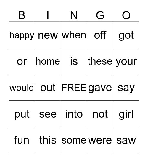 Sight Word Bingo Card