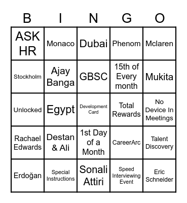 EEMEA Weekly TA Meeting Bingo Card