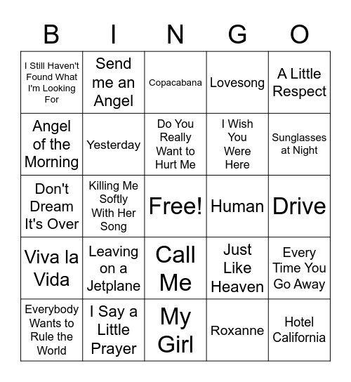 Reggae Song Bingo Card